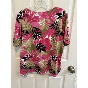 Ruby Rd Large Pink Black Brown Floral Top Cut Out 3/4 Sleeves Preowned